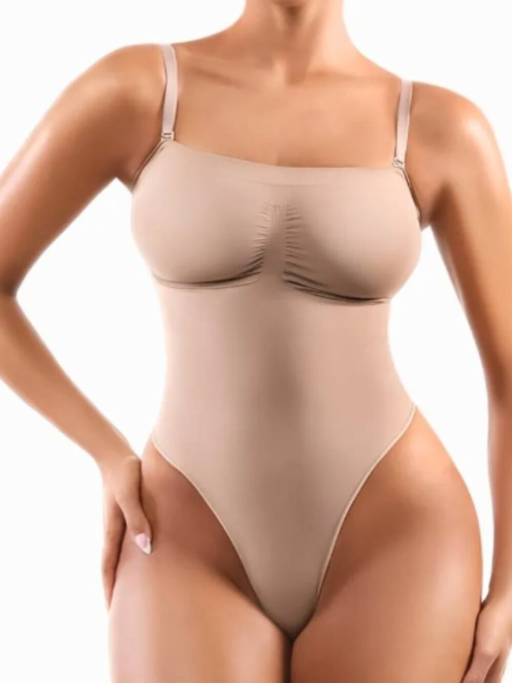 Jennifer Seamless Thong Bodysuit w/ complementary clear straps | Beige